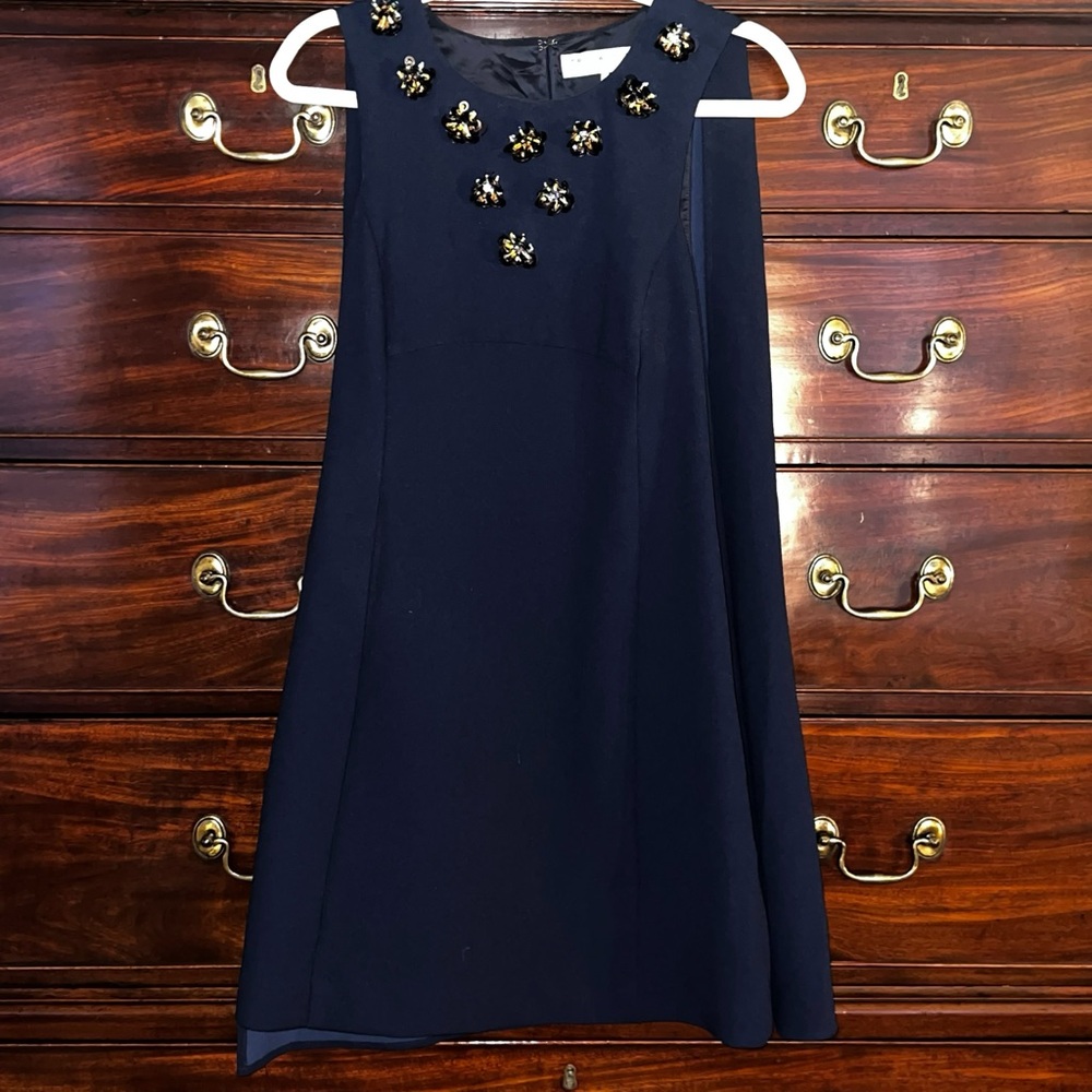 Trina Turk Navy Cape Dress with Floral Beaded Accents Size 4